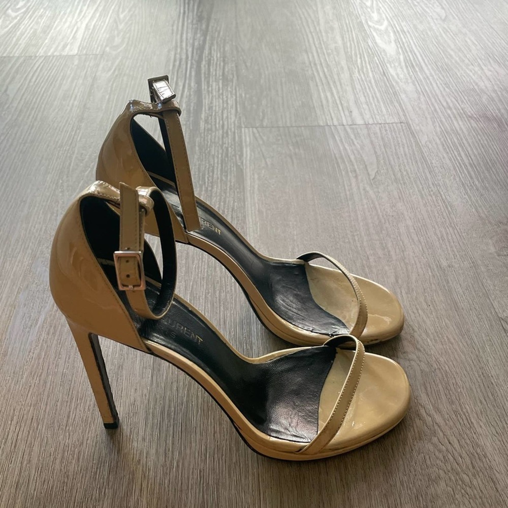 saint laurent jane nude poudre patent leather ankle strap high heels size 37